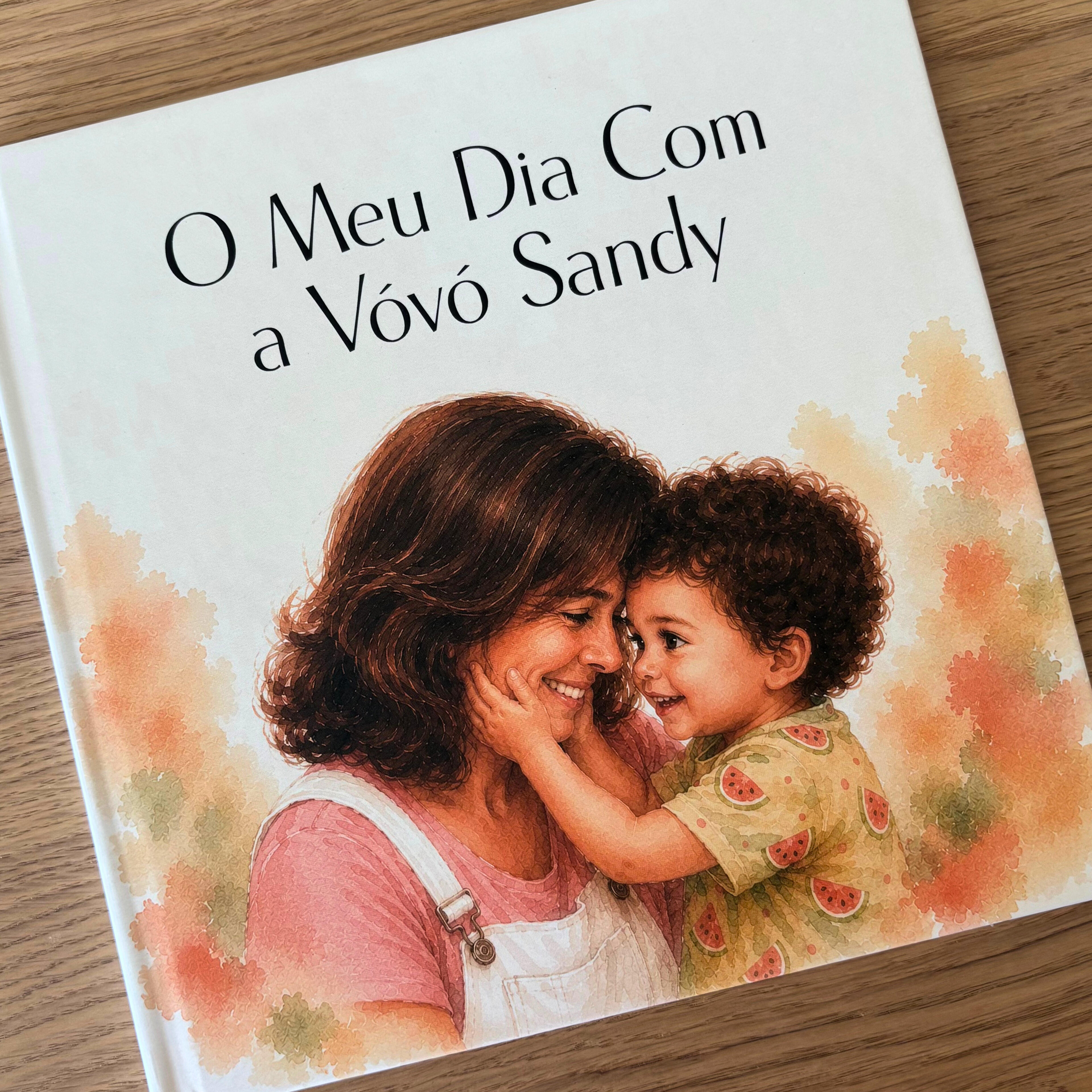 Capa do livro personalizado sobre uma avó e um neto, ilustração em estilo aguarela