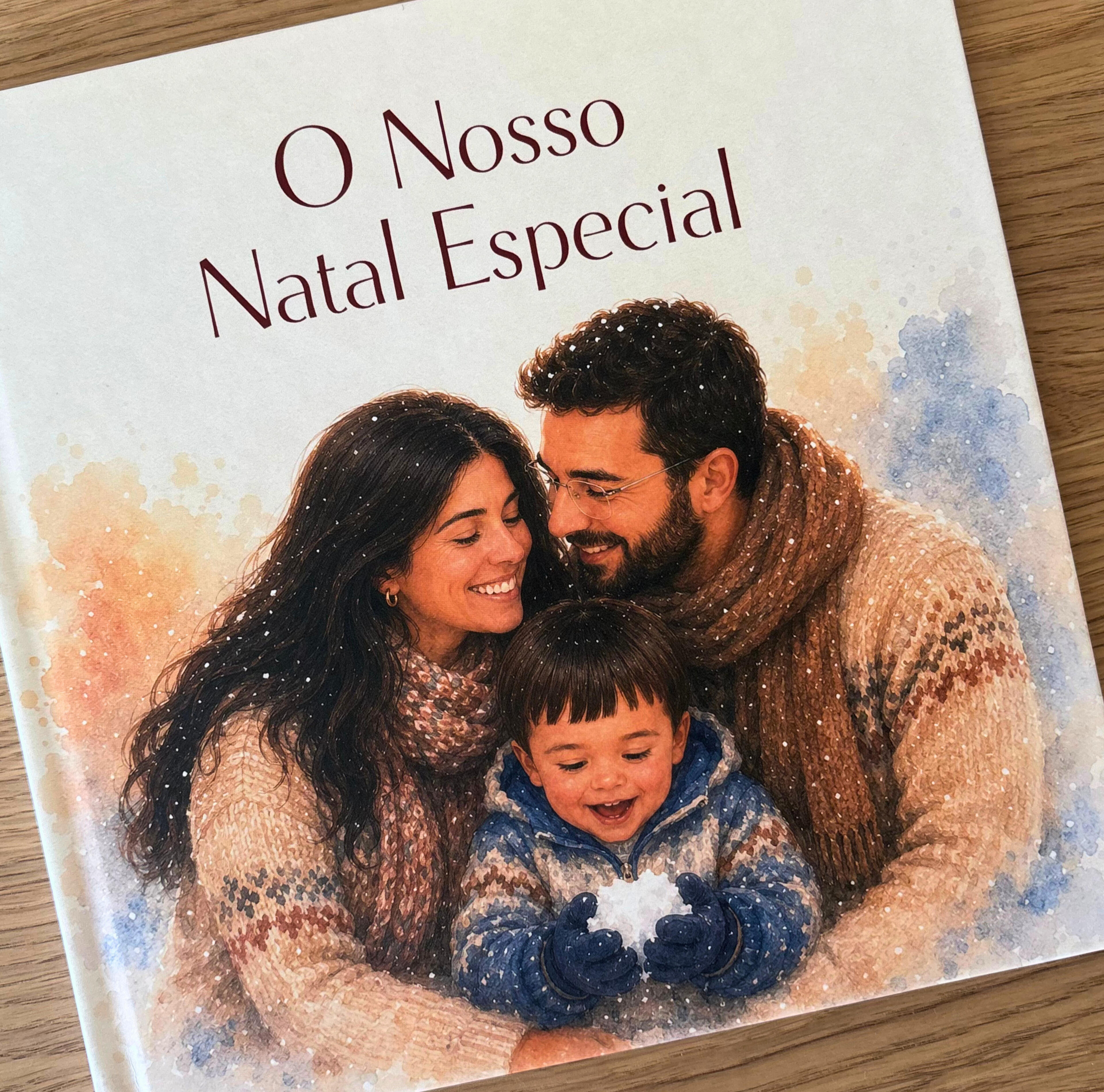 Capa do livro personalizado sobre férias de Natal na Lapónia, ilustração em aguarela