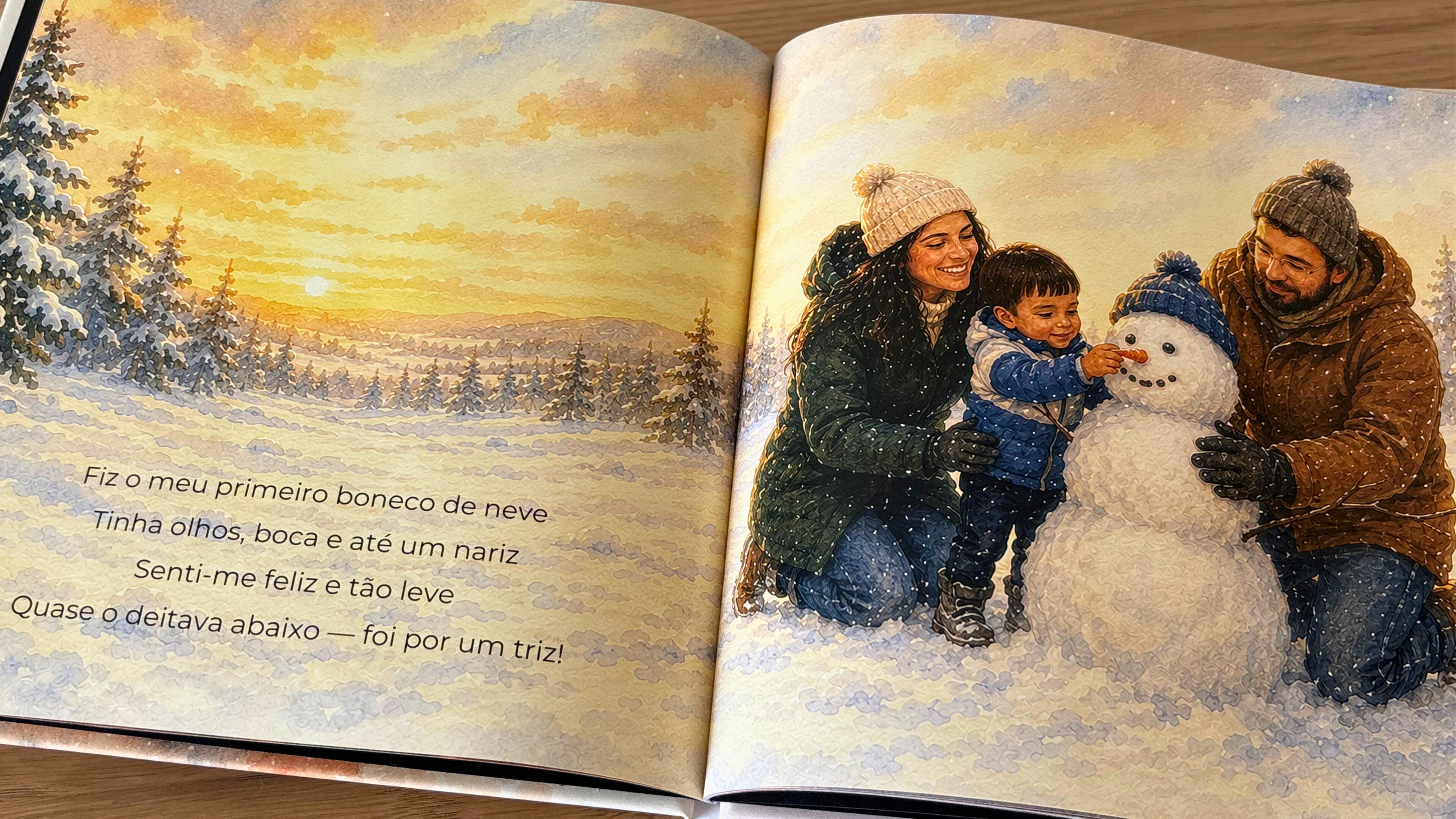 Página do livro personalizado sobre férias de Natal na Lapónia, ilustração em aguarela