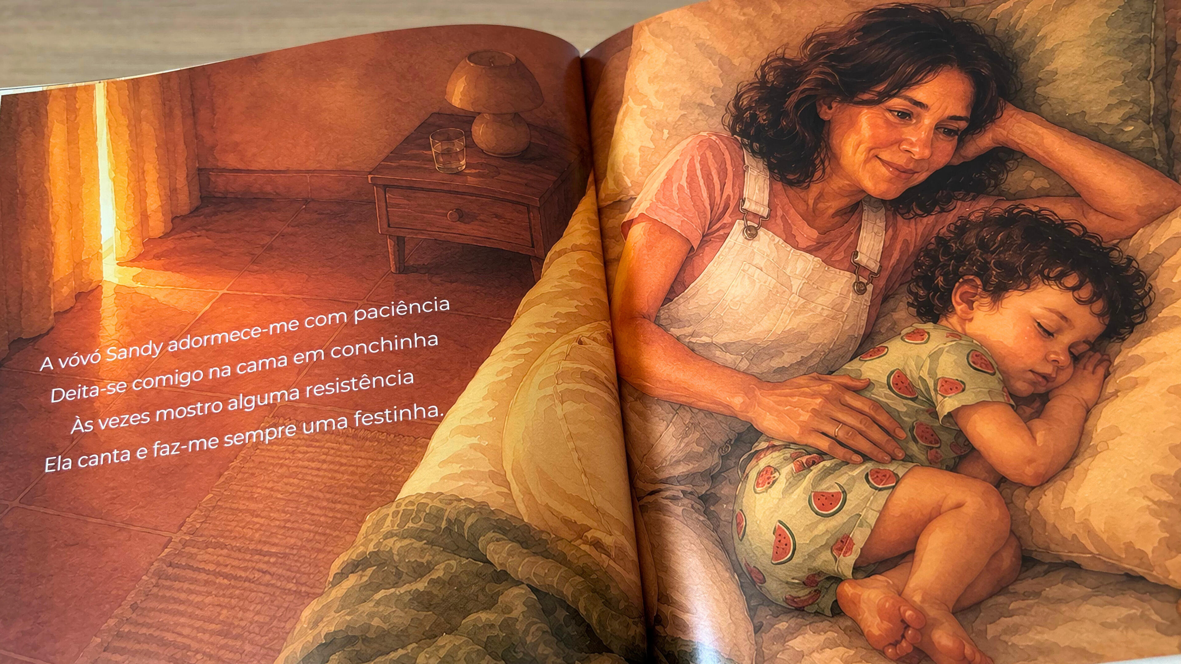 Página do livro personalizado sobre uma avó e um neto, ilustração em estilo aguarela