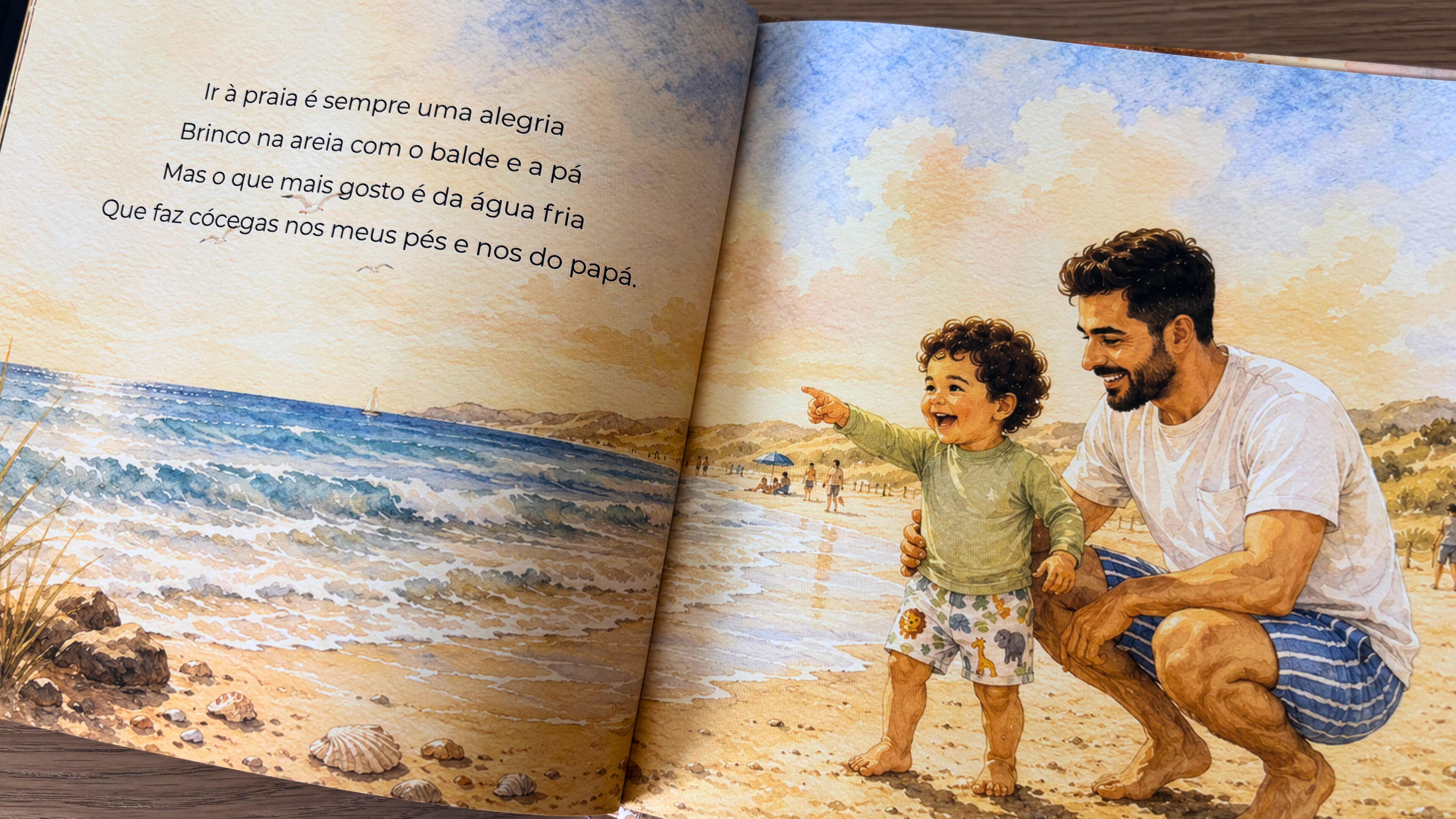 Página do livro personalizado sobre um pai e um filho, ilustração em estilo aguarela
